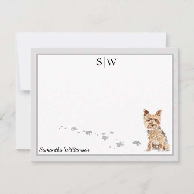 Carte De Correspondance Yorkshire Terrier Gris Monogramme frontalier Perso (Devant)