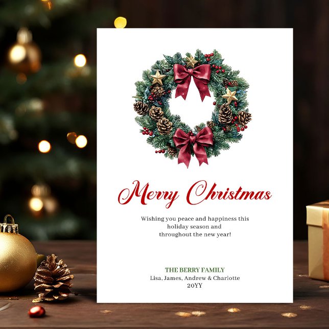 Carte de Couronne de Noël Élégante avec Pommes de  (Elegant Christmas Wreath with Pine Cones Card)