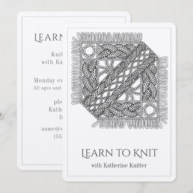 Carte de cours de tricot en maille câblée blanche (Devant / Derrière)