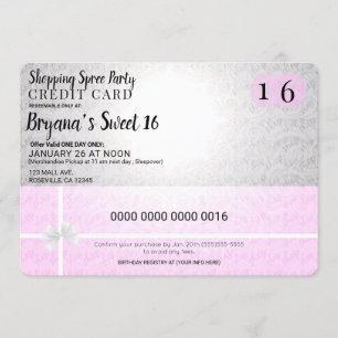 Carte de crédit Pink Shopping Spree fête Sweet 16