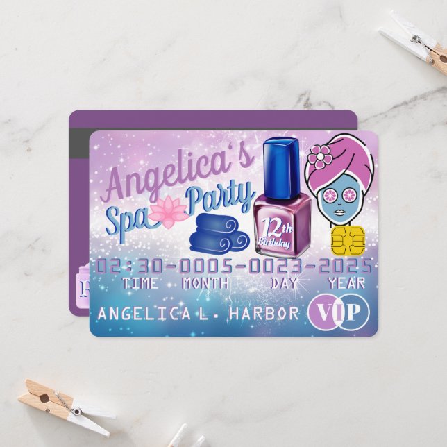 Carte de crédit VIP Spa Fillettes Bleu & Violet (Devant/Arrière en situation)