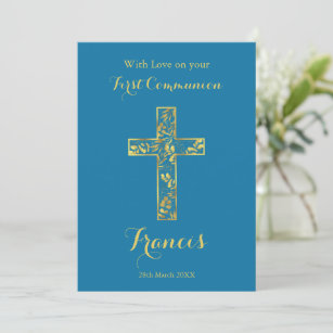 Carte de croix d'or bleu communion