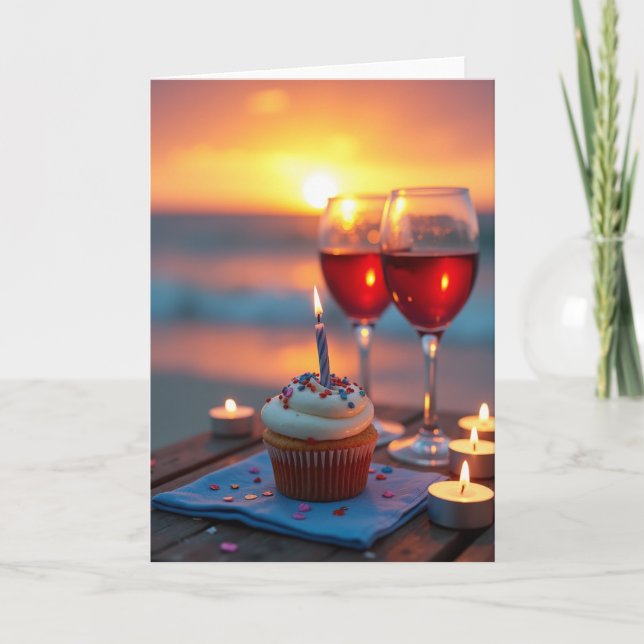 Carte de Cupcake d'Anniversaire au Coucher du Sole (Devant)