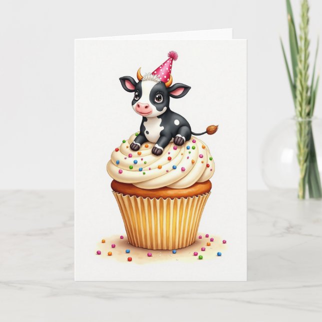 Carte de Cupcake de Vache d'Anniversaire Douce (Devant)