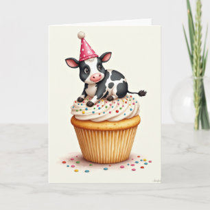 Carte de Cupcake de Vache d'Anniversaire Festive