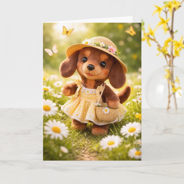 Carte de Dachshund pour toutes occasions (Fleur jaune)
