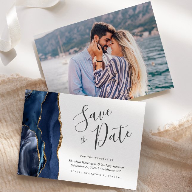 Carte de date de mariage à photo en agate dorée bl (Créateur téléchargé)