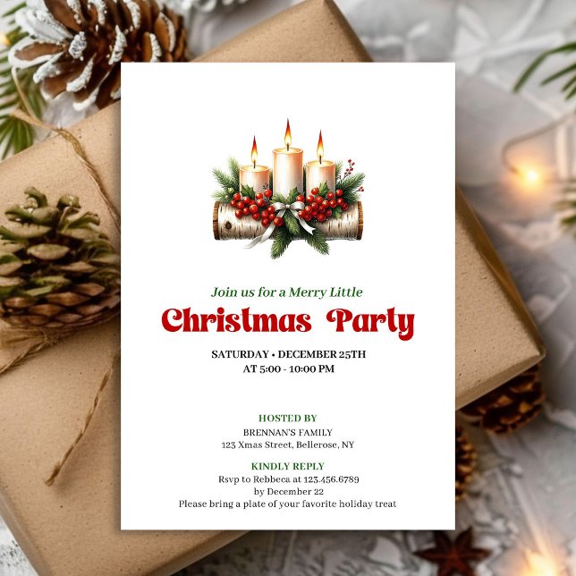 Carte de décoration de Noël rustique Baies de houx (Cozy Pine Wreath Christmas Candles Party Card)