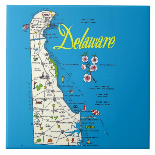 Carte de Delaware Très Bleue sur Carreau de Cérami (Devant)