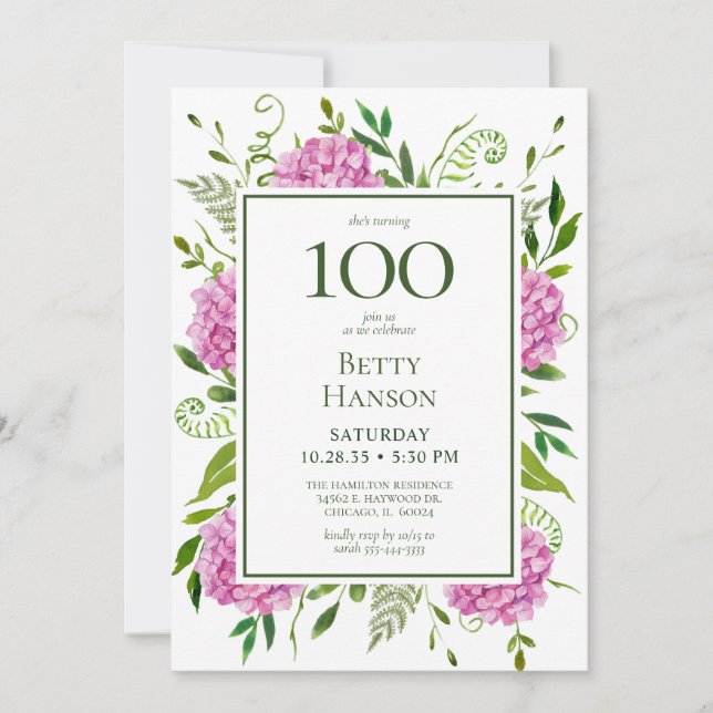 Carte de demande de 100e anniversaire avec hortens (Devant)