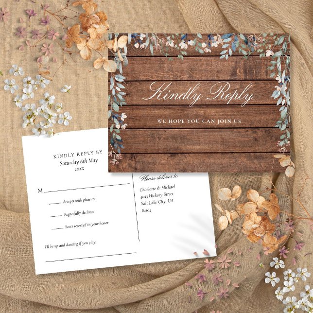 Carte de demande de chanson rustique florale RSVP (Floral Rustic Wood Song Request RSVP Postcard)