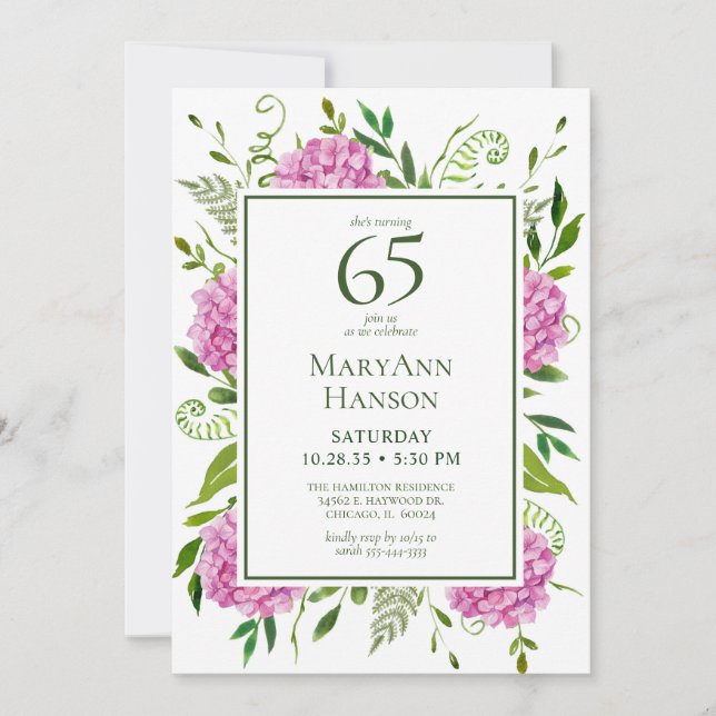 Carte de demande d'hortensias roses pour 65e anniv (Devant)