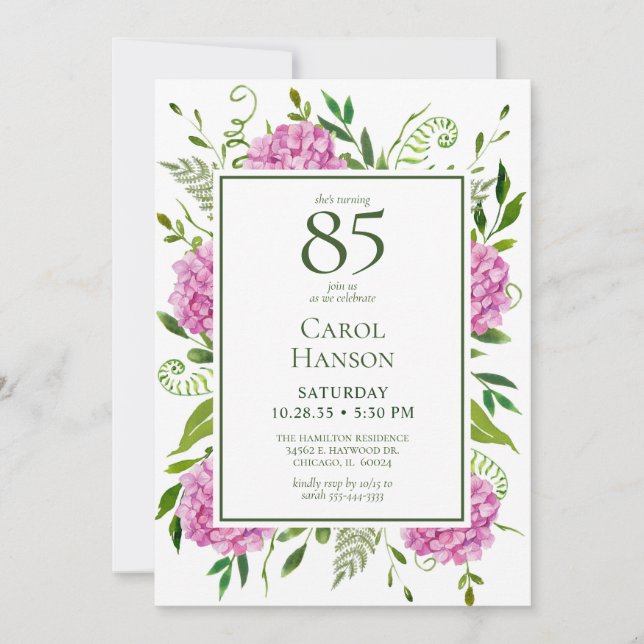 Carte de demande d'hydrangeas roses pour 85e anniv (Devant)