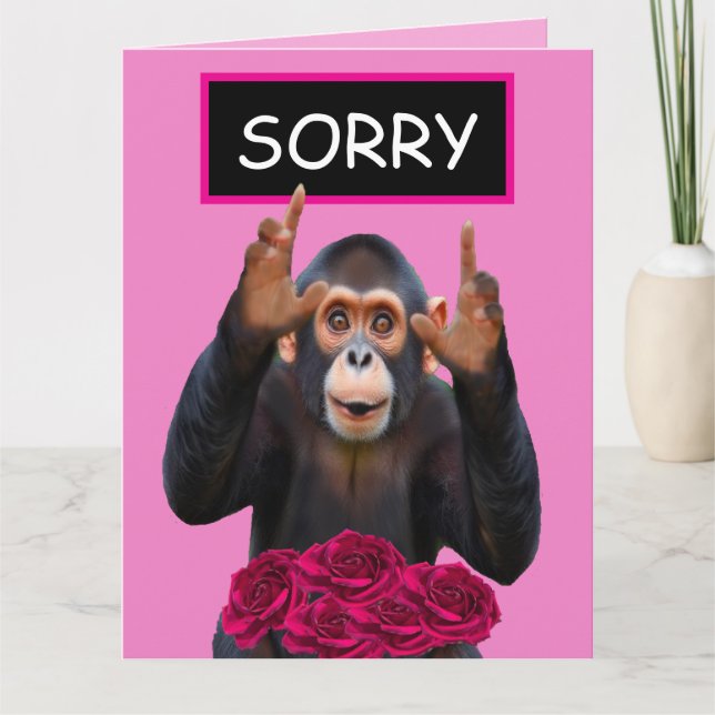 Carte de demande pardon Singe drôle & Roses  (Devant)