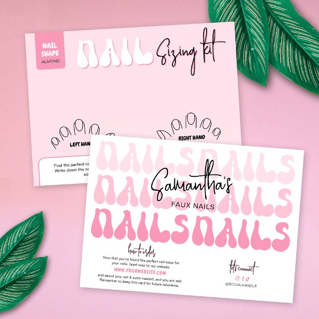 Carte de démonstration de kit de dimensionnement d (Retro pink nails sizing kit display cards with your brand info and order details)