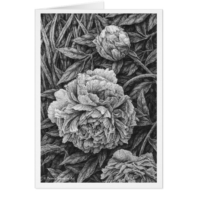 Carte de dessin à l'encre de trois pivoines (Devant)