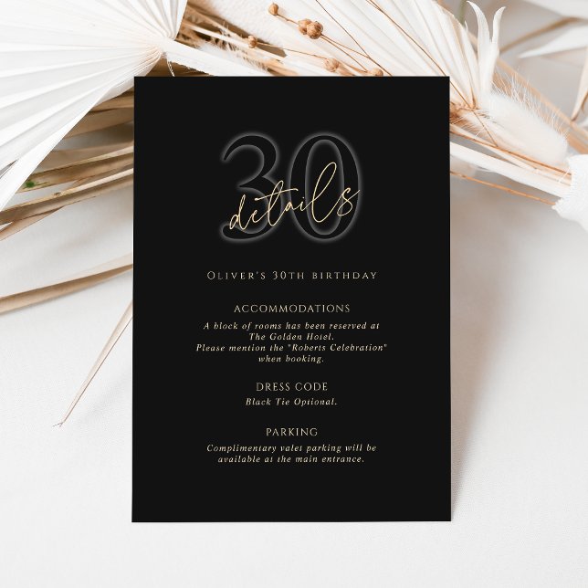 Carte de détails de fête d'anniversaire des 30 ans (Modern Black Gold 30th Birthday Party Details Card)