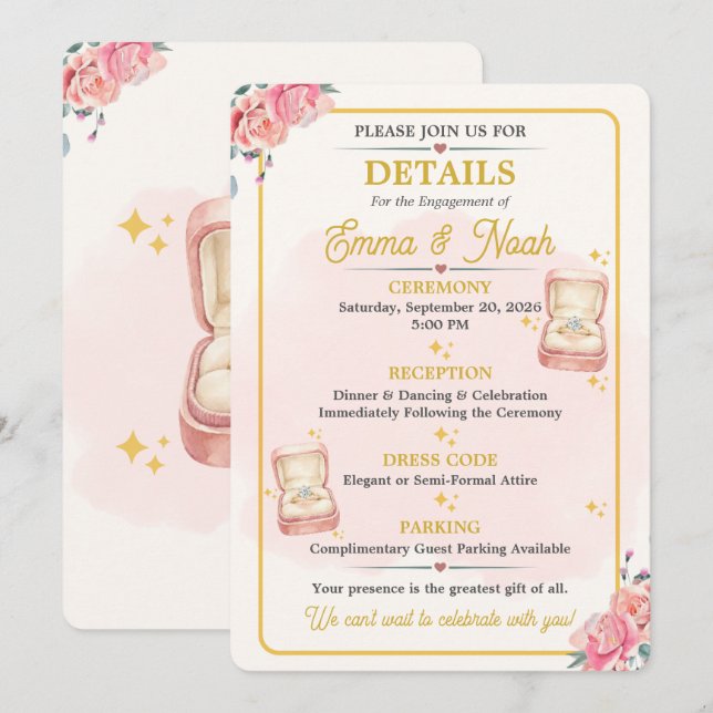 Carte de détails de fête de fiançailles florale él (Devant / Derrière)