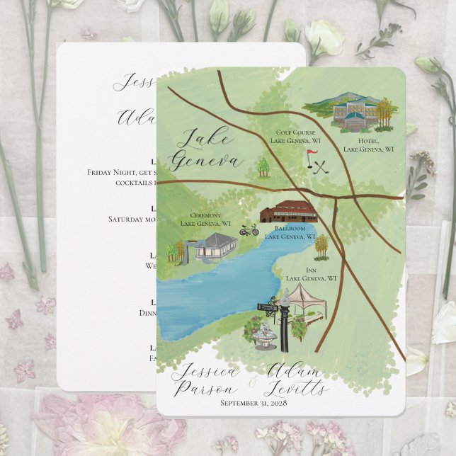 Carte de détails de la carte du week-end de mariag (Illustrated wedding map of the Lake Geneva area)