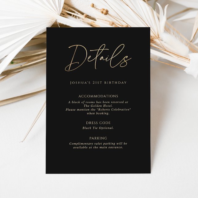 Carte de détails de la fête d'anniversaire 21 ans  (Modern Black Gold 21st Birthday Party Details Card)