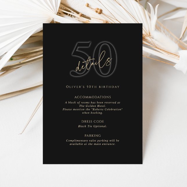 Carte de détails de la fête d'anniversaire des 50  (Modern Black Gold 50th Birthday Party Details Card)