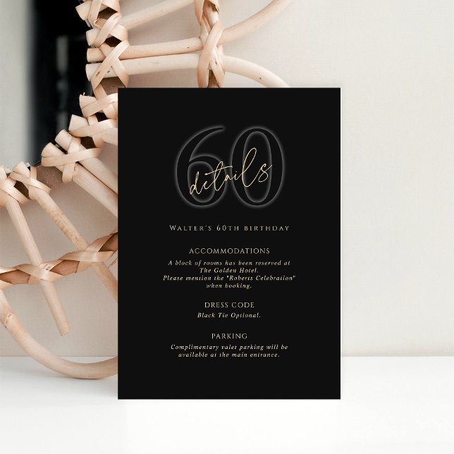 Carte de détails de la fête d'anniversaire des 60  (Modern Black Gold 60th Birthday Party Details Card)