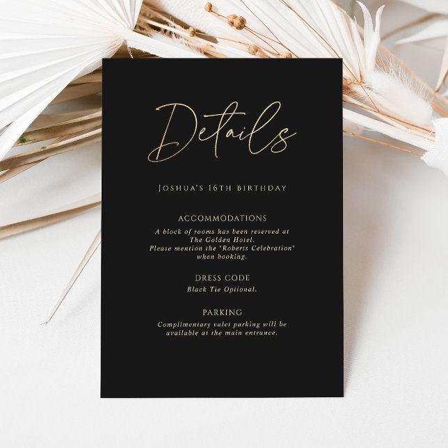 Carte de détails de la fête des 16 ans de Modern B (Modern Black Gold 16th Birthday Party Details Card)