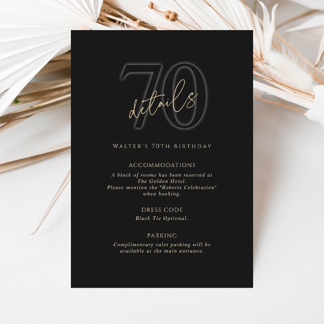 Carte de détails de la fête des 70 ans de Modern B (Modern Black Gold 70th Birthday Party Details Card)