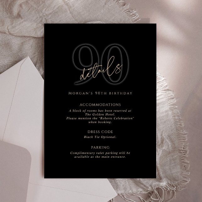 Carte de détails de la fête des 90 ans de Modern B (Modern Black Gold 90th Birthday Party Details Card)