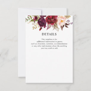 carte de détails de la mariage à fleurs bordeaux