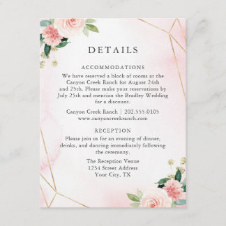 Carte de détails de l'invité géométrique rose & or