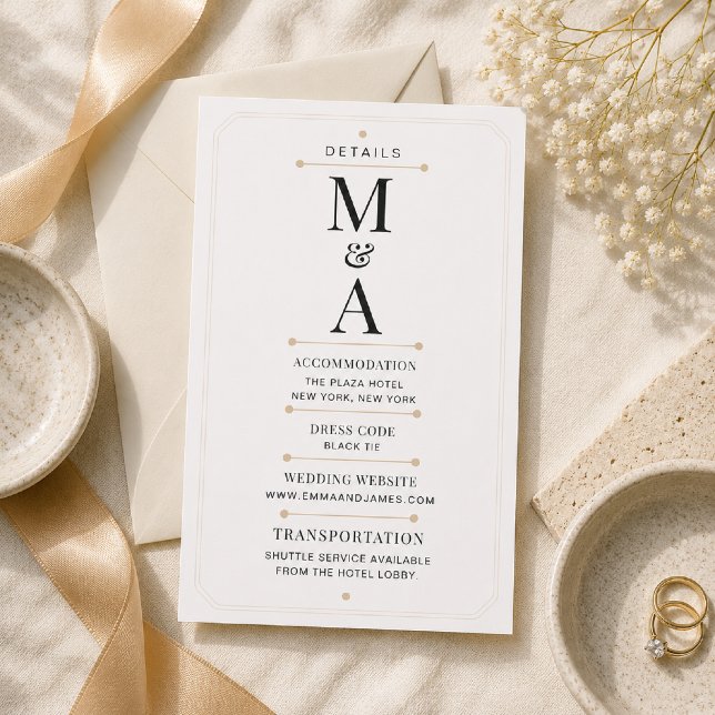 Carte de détails de luxe minimale avec monogramme  (Elegant Monogram Details Card styled for timeless luxury weddings.)