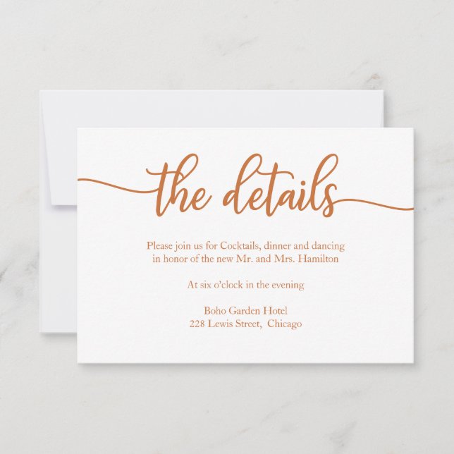 Carte de détails de mariage à calligraphie cuivrée (Devant)