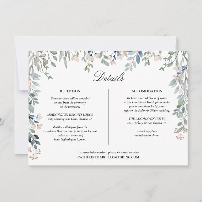 Carte de détails de mariage à cascade florale élég (Devant)