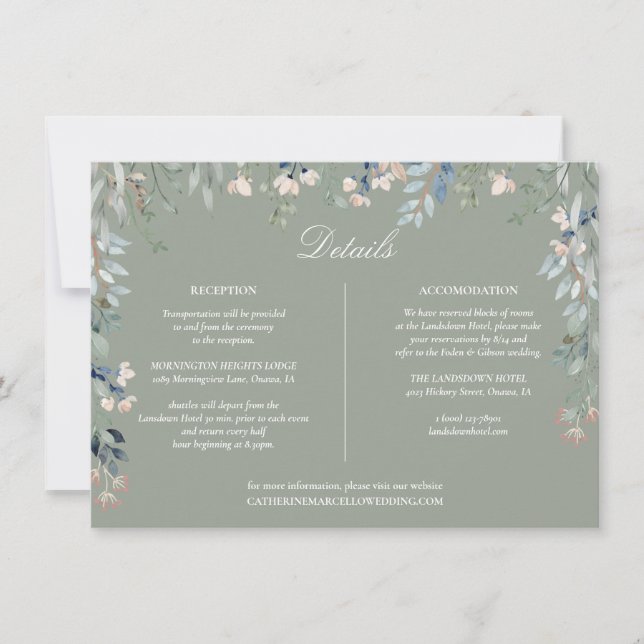 Carte de détails de mariage à cascade florale vert (Devant)