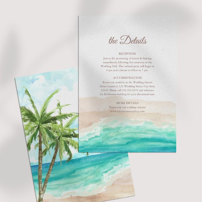Carte de détails de mariage à la plage tropicale e (Tropical Beach and Palm Trees Wedding Details Card on a white table)