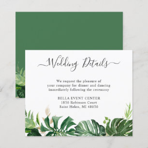 Carte de détails de mariage à la verdure tropicale