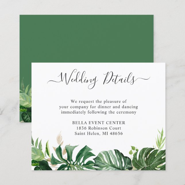 Carte de détails de mariage à la verdure tropicale (Devant / Derrière)