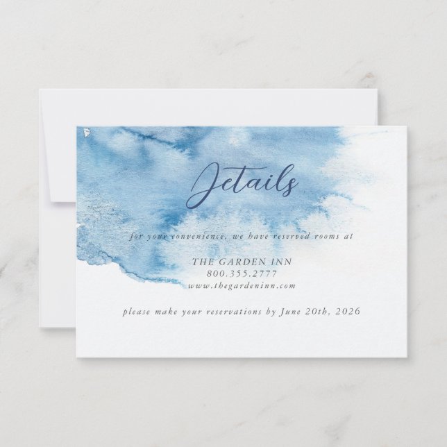 Carte de détails de mariage à l'aquarelle bleu pou (Devant)