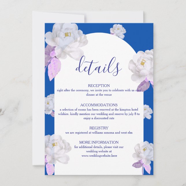 Carte de détails de mariage à l'arche florale bleu (Devant)