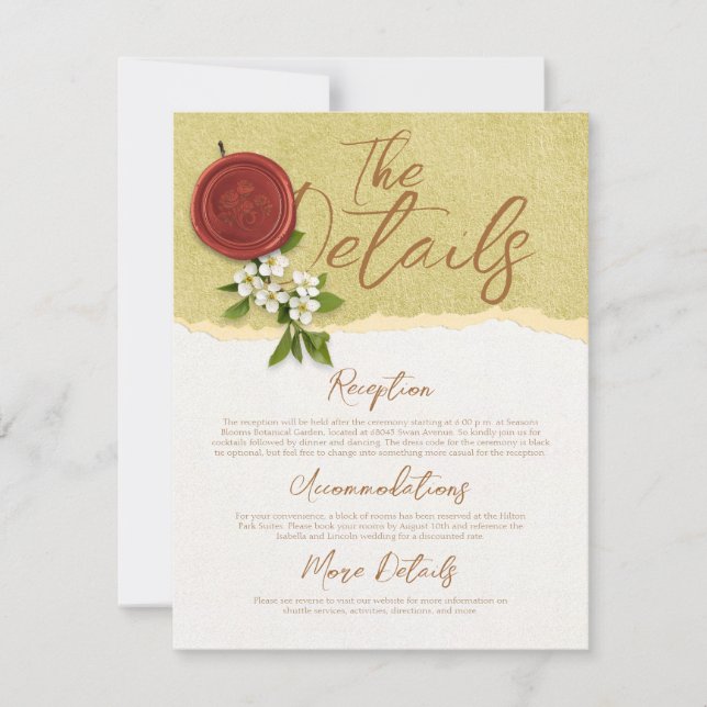 Carte de détails de mariage à sceau rouge (Devant)