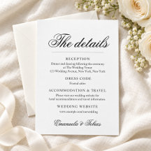 Carte de détails de mariage à script noir et blanc