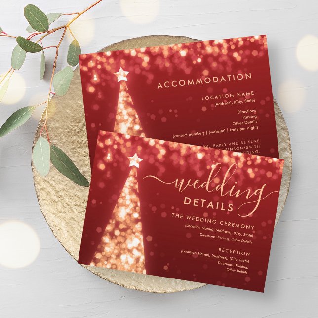 Carte de détails de mariage Arbre de Noël doré rou (Festive Xmas Tree Gold Red Wedding Details Card)