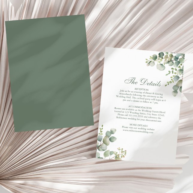 Carte de détails de mariage au eucalyptus de la ve (Modern Greenery Eucalyptus Wedding Details Card on a sunny neutral dry palm leaf.)
