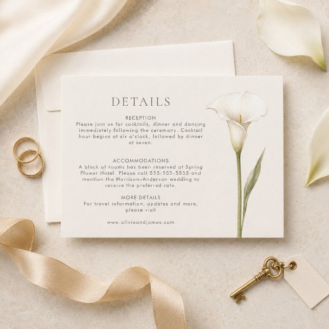 Carte de détails de mariage au lys calla blanc mod (Modern White Calla Lily Wedding Details Card)