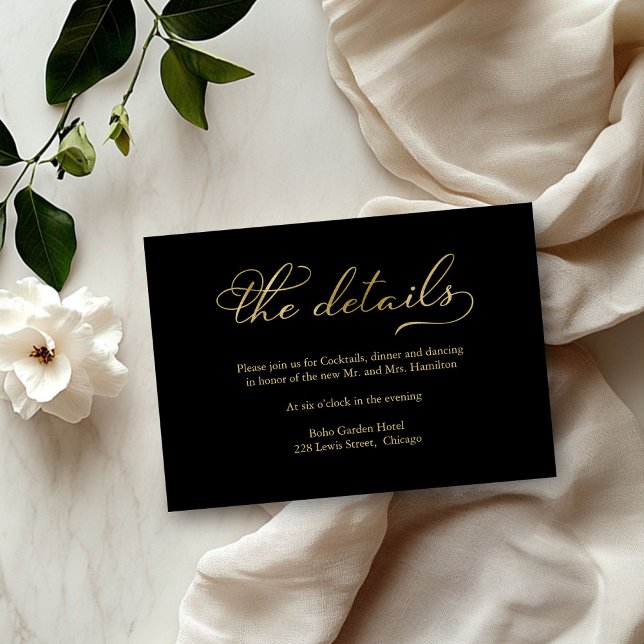 Carte de détails de mariage au script en feuille d (Créateur téléchargé)
