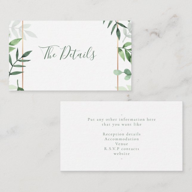 Carte de détails de mariage aux feuilles vertes (Devant / Derrière)