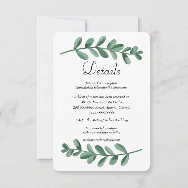 Carte de détails de mariage aux feuilles vertes aq (Devant)