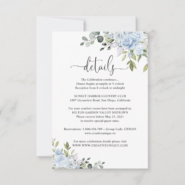 Carte de détails de mariage aux fleurs bleues pous (Devant)