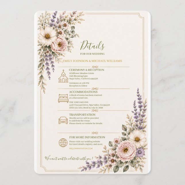 Carte de détails de mariage aux fleurs sauvages él (Devant)
